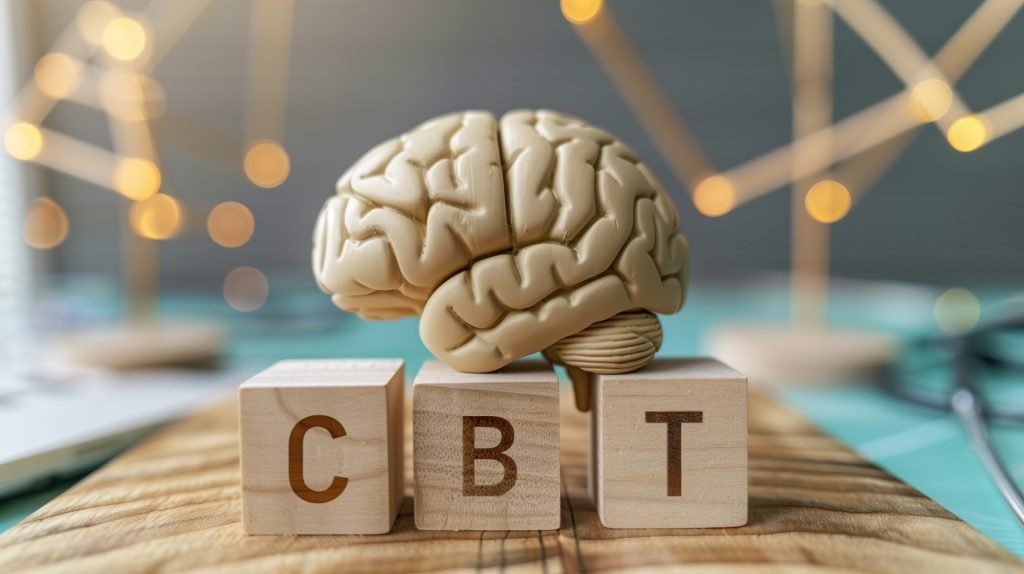 Model of a human brain resting on three wooden blocks that spell CBT