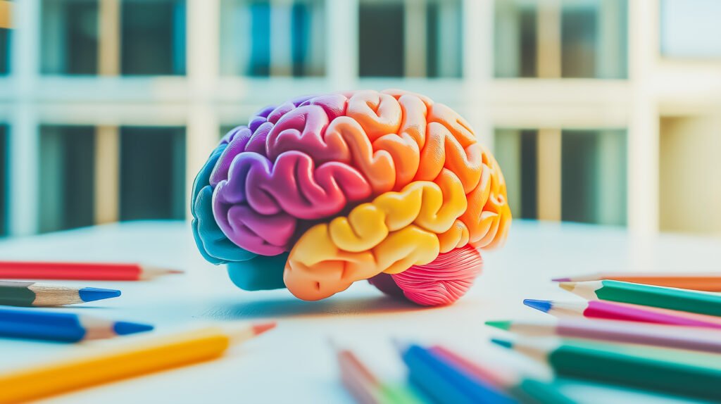 A colorful model of a human brain on a white table surrounded by colored pencils
