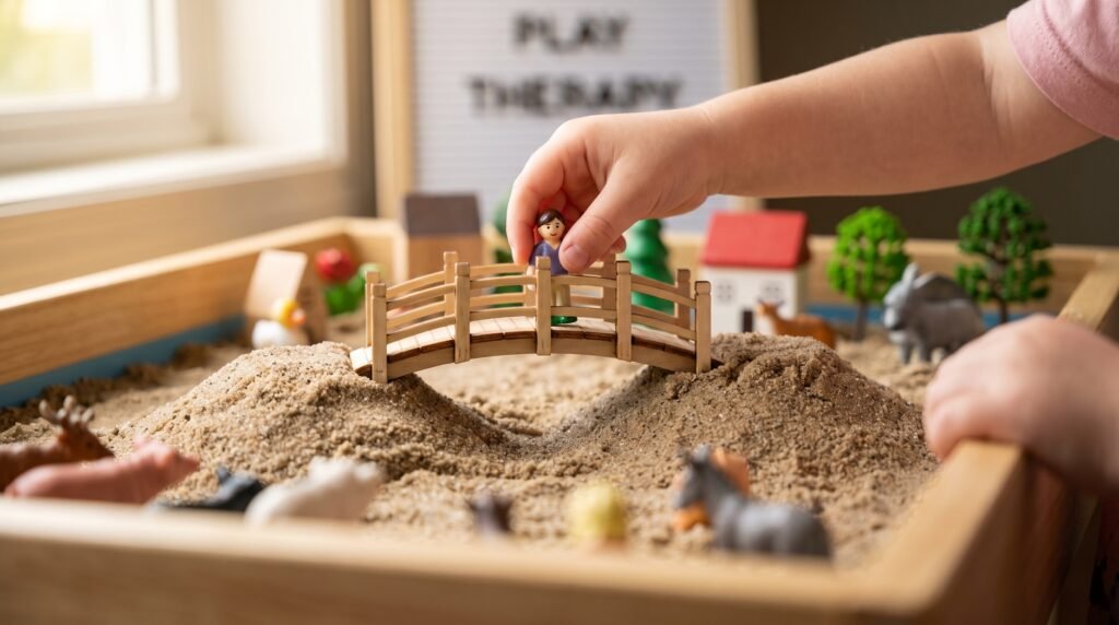 Child placing miniature figures in a sand tray during a play therapy session