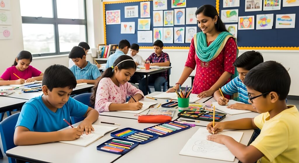 Teacher helping elementary students as they draw with colored pencils in a classroom