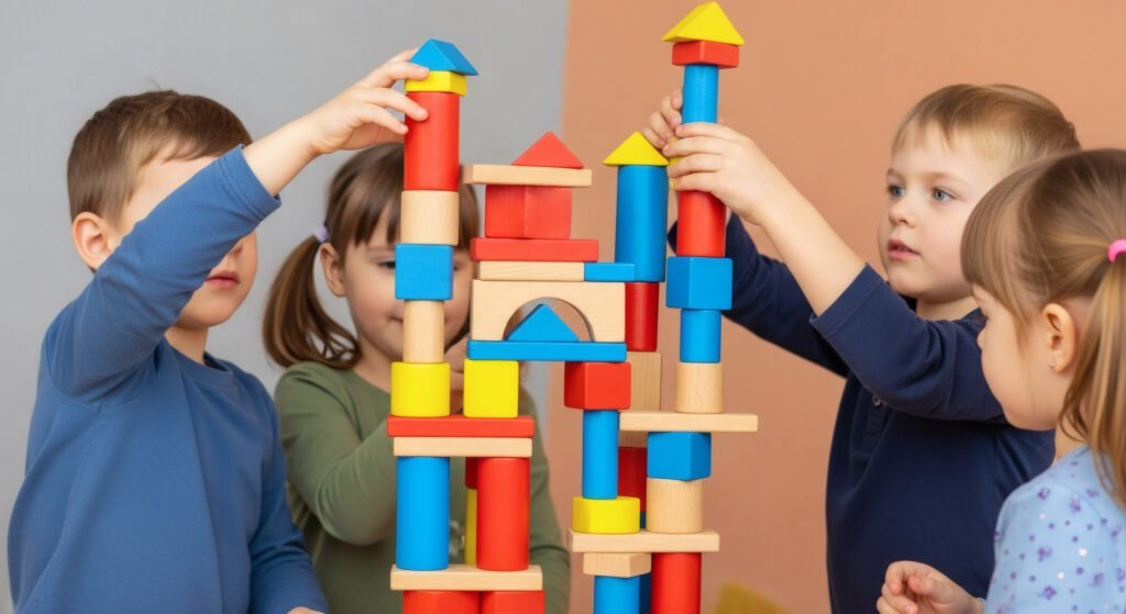 Group of young children working together to build a colorful tower from wooden blocks