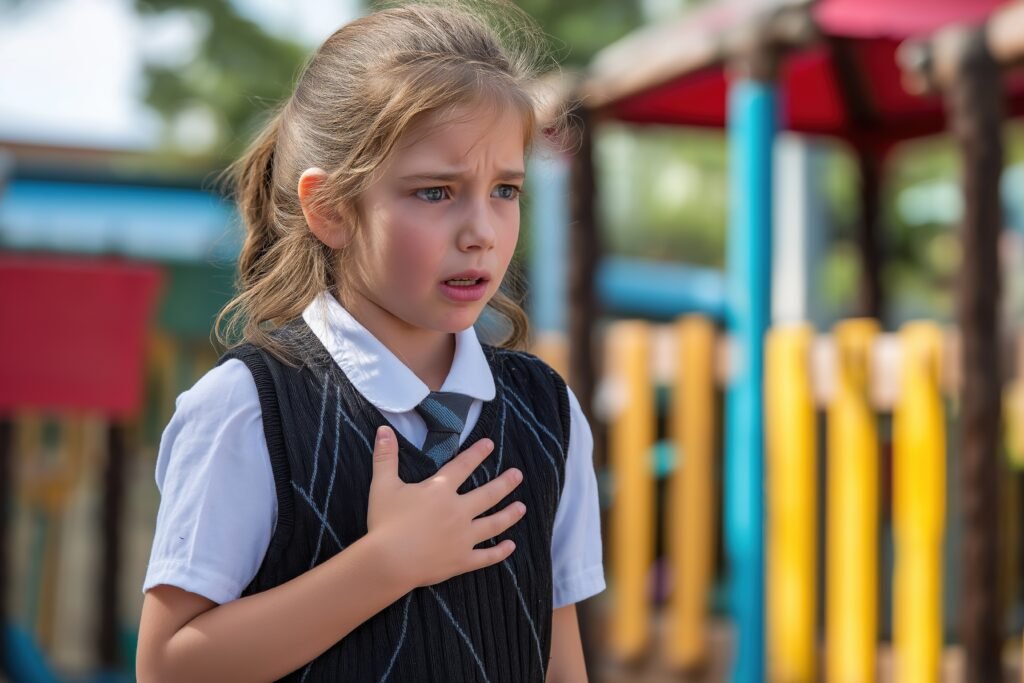 Distressed schoolgirl holding her hand to her chest in a schoolyard