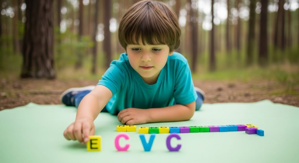 Young child arranging letter tiles to build CVC words on the forest floor
