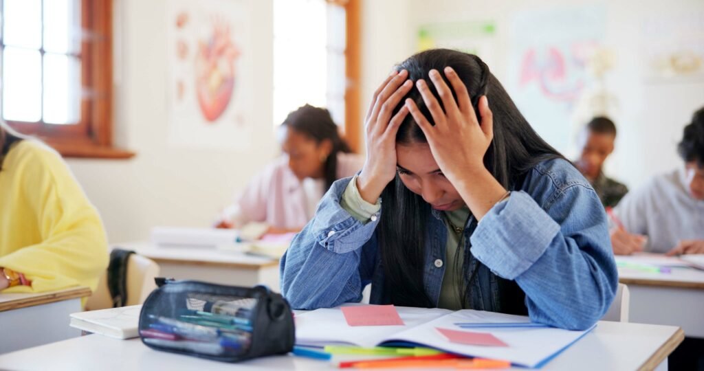 Stressed student holding her head over an open book while studying for a test in a classroom