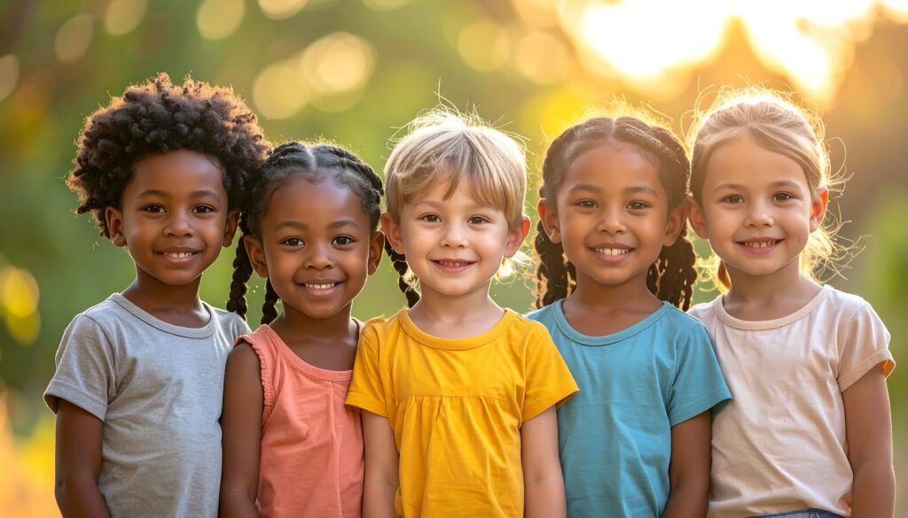 A diverse group of five smiling children standing together outdoors in warm sunlight