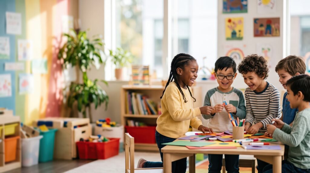 Young children making colorful paper crafts together at a classroom table