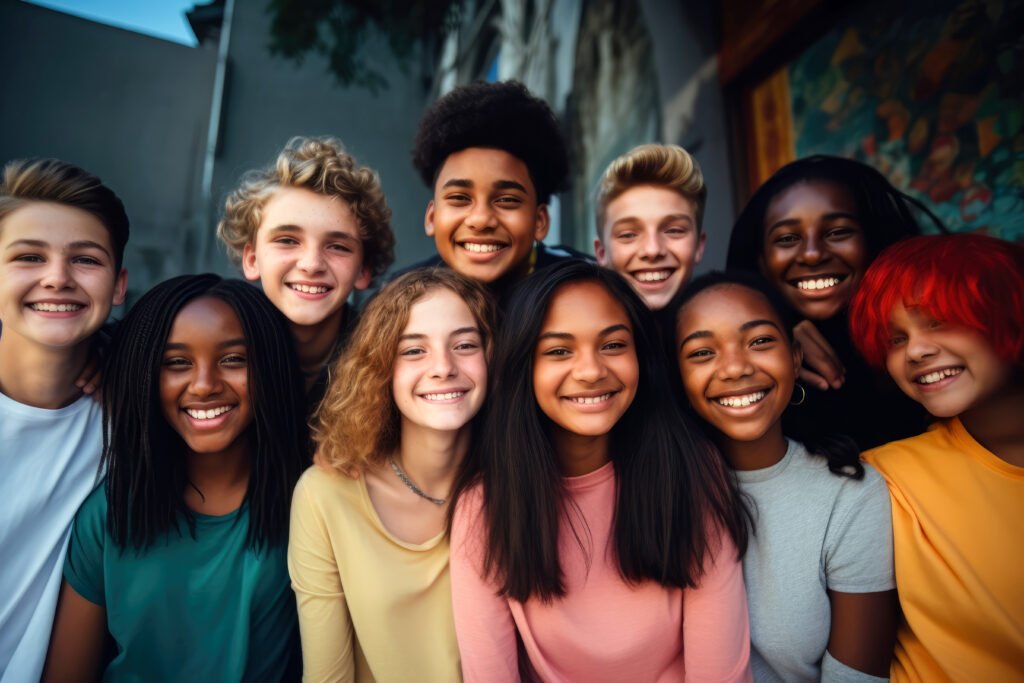 Smiling group of diverse teenagers standing close together