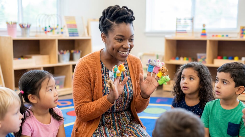 Smiling teacher sitting with young children playing with colorful blocks