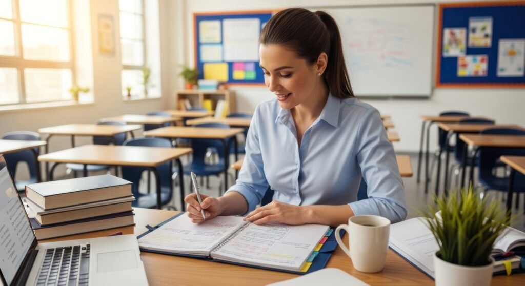 Teacher writing at her desk in a classroom
