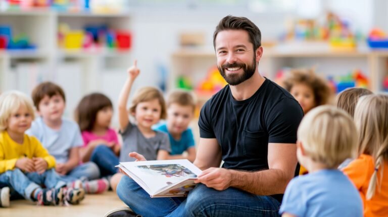 Smiling educator sitting on the floor reading a book to a group of young children