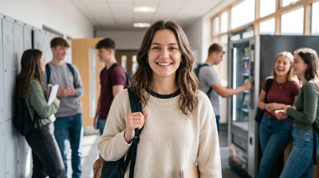 Smiling high school student with a backpack in a busy school hallway