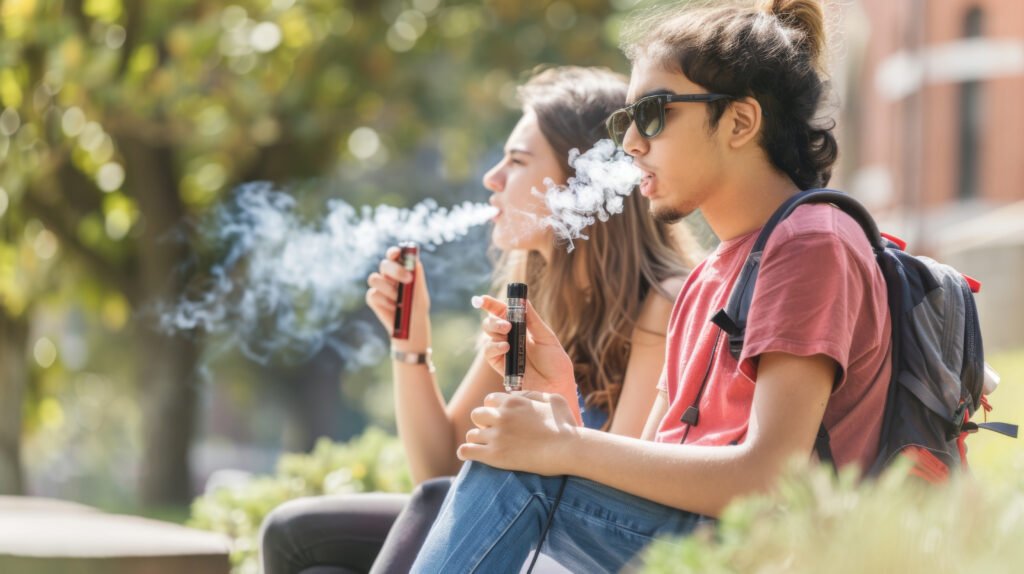 Teenagers sitting outdoors near school, two of them using vapes