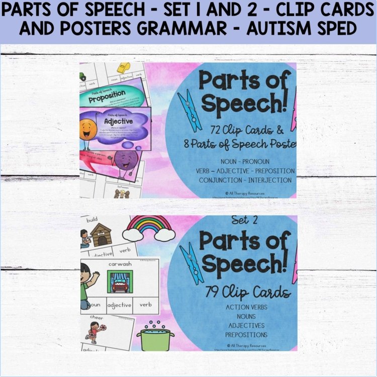 Parts of Speech Worksheets & Review Set 1 and 2 - Clip Cards and Posters Grammar