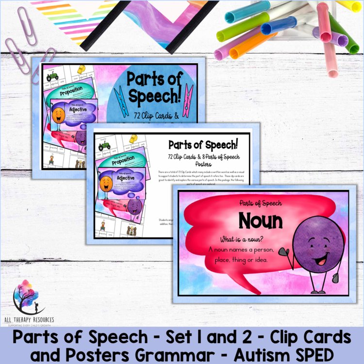 Parts of Speech Worksheets & Review Set 1 and 2 - Clip Cards and Posters Grammar