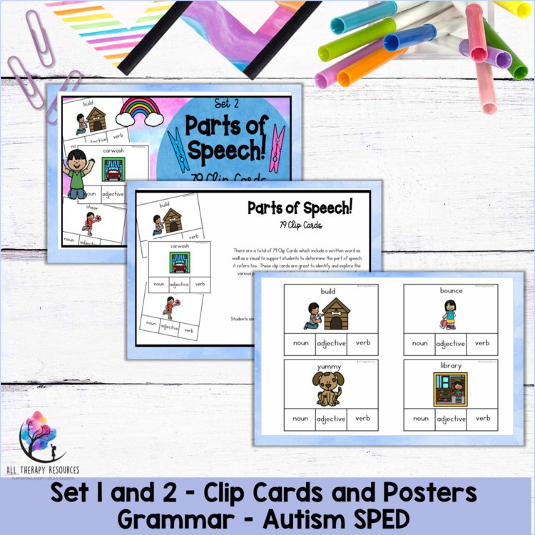 Parts of Speech Worksheets & Review Set 1 and 2 - Clip Cards and Posters Grammar