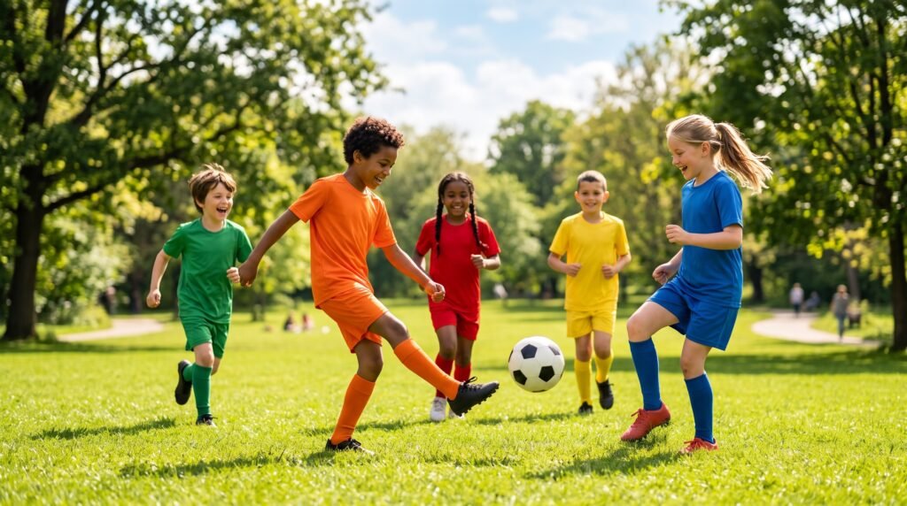 Children laughing and playing soccer together in a park
