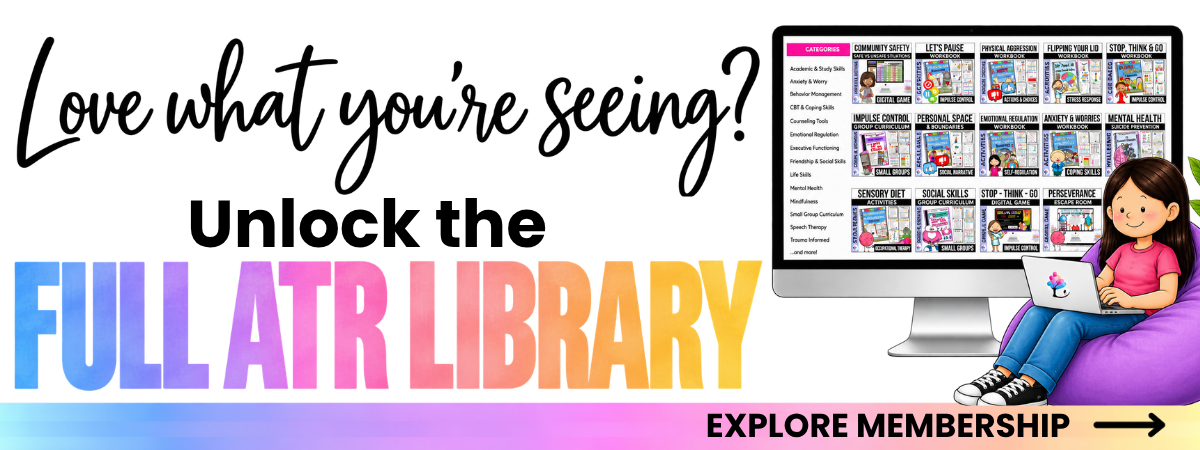 All Therapy Resources Membership banner: counseling activities, games and therapeutic tools in one growing library