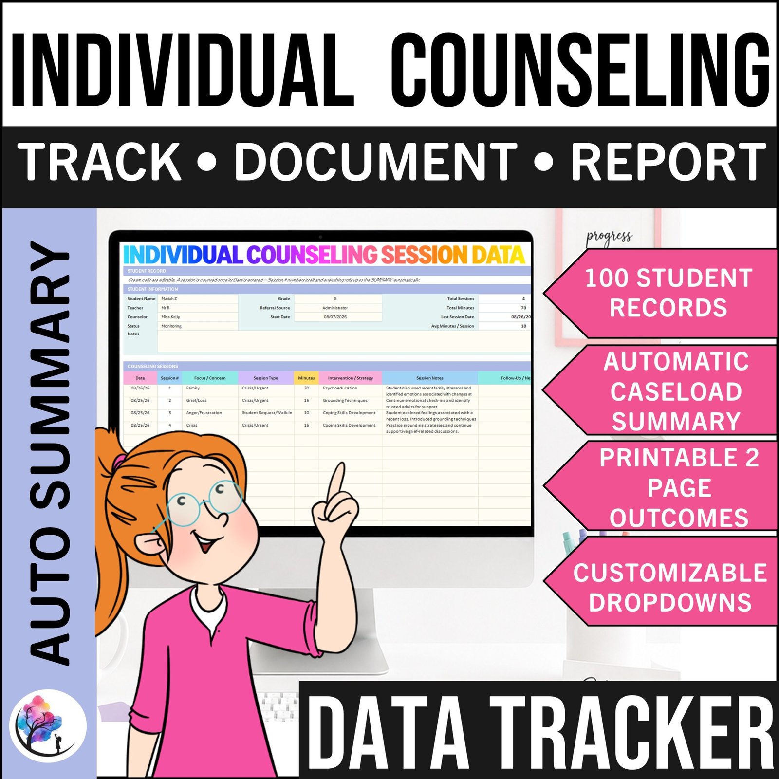 INDIVIDUAL SCHOOL COUNSELING SESSION TRACKER & LOG & Digital TRACKER & REPORT