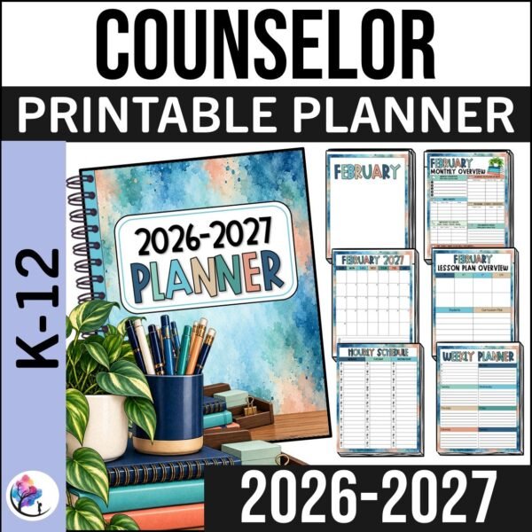 2026-2027 School Counselor Planner | Blue Watercolor Printable Counseling Planner, Tools & Scripts - BLUE WATERCOLOR