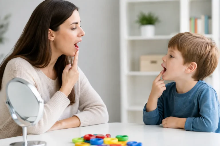 Speech therapist and boy touching their chins while practicing a speech sound