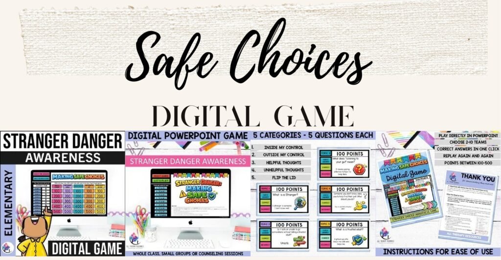 Stranger Danger Safety digital PowerPoint game cover and sample slides