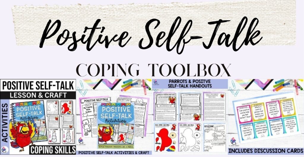 Positive Self-Talk Activities and Craft coping skills resource: cover and three preview pages
