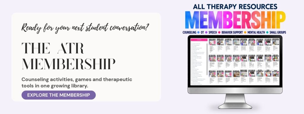 All Therapy Resources Membership banner: counseling activities, games and therapeutic tools in one growing library