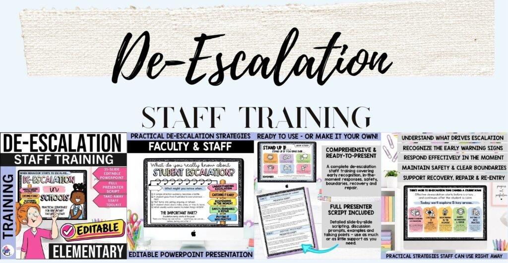Elementary De-Escalation Staff Training presentation cover and sample slides