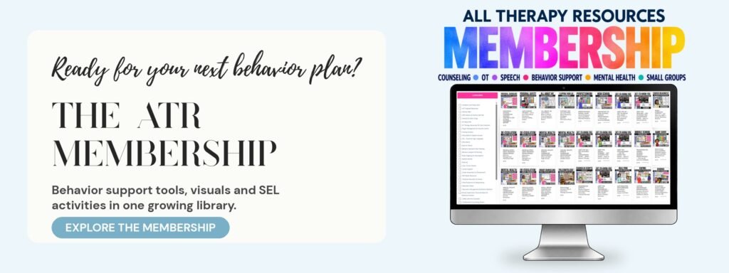 All Therapy Resources Membership: a computer screen showing a growing library of behavior support tools, visuals and SEL activities