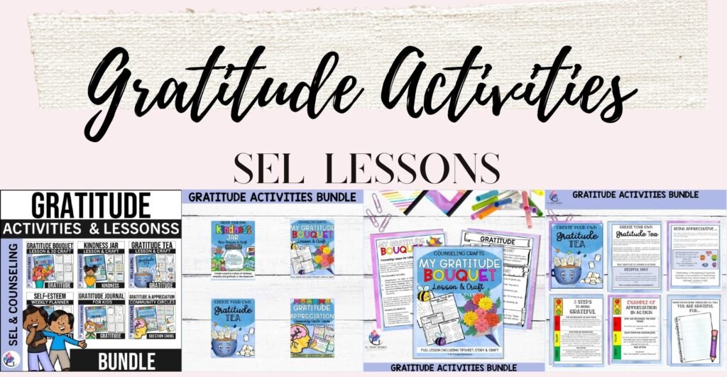 Gratitude Activities Bundle cover and sample crafts, brochure and lesson pages