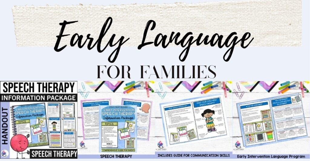 Early Intervention Language Program cover with sample parent handouts on speech and language development and home strategies