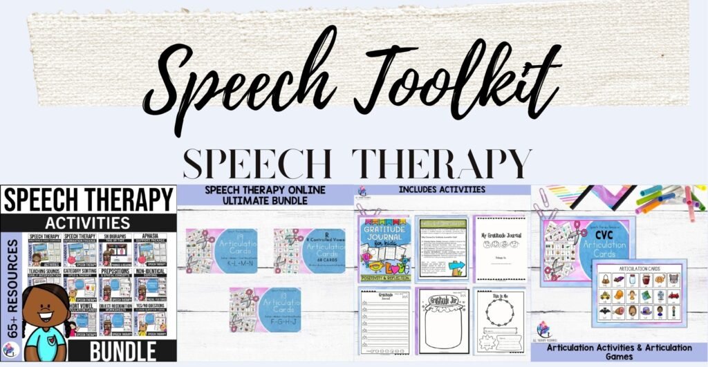 Speech Therapy Activities Bundle cover with sample articulation cards, visual cues and speech therapy handouts