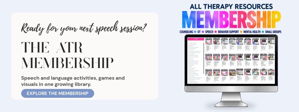 All Therapy Resources Membership: a computer screen showing a growing library of speech and language activities, games and visuals