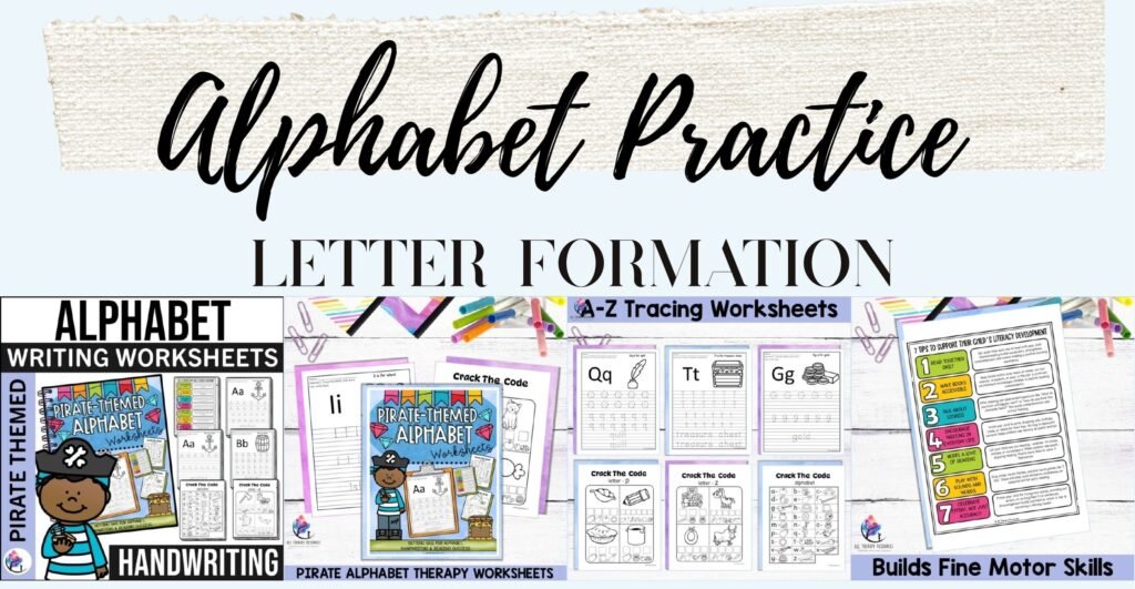 Pirate themed alphabet practice worksheets cover and sample letter tracing pages