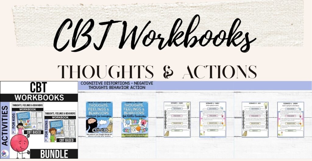 CBT Workbooks Bundle cover and sample pages on cognitive distortions, negative thoughts and behavior