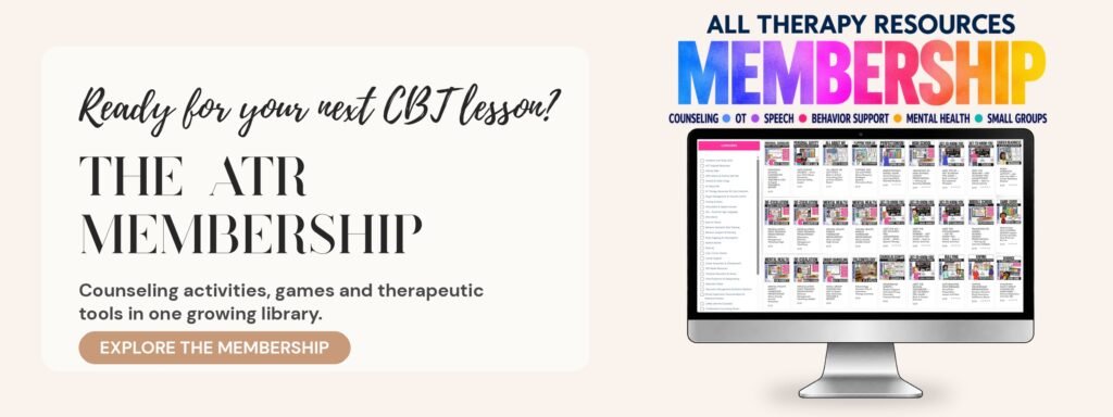 All Therapy Resources Membership: a computer screen showing a growing library of counseling activities, games and therapeutic tools