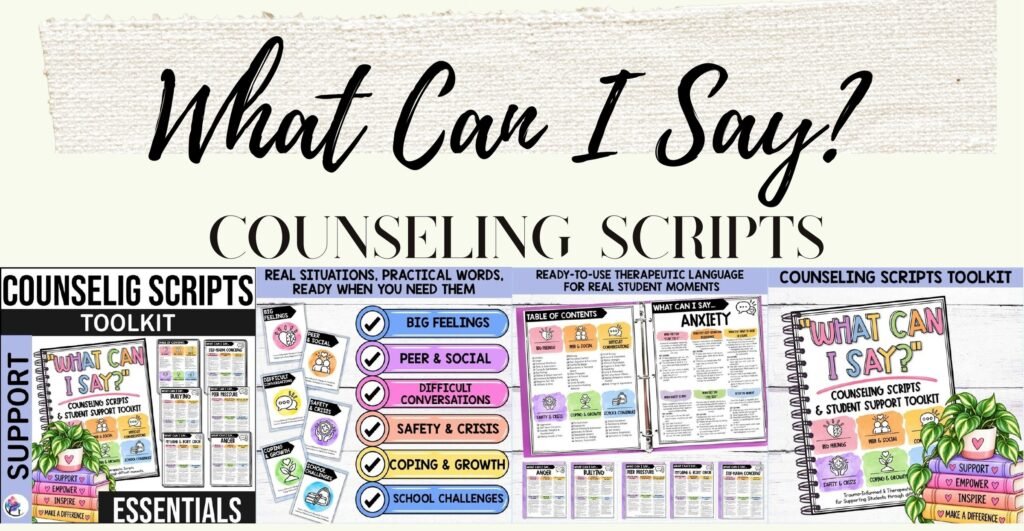 What Can I Say? Counseling Scripts Toolkit cover and sample trauma-informed script pages