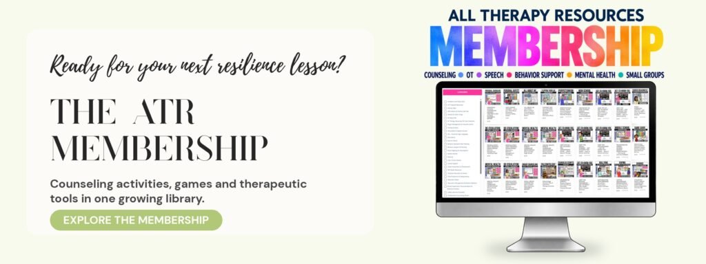 All Therapy Resources Membership: a computer screen showing a growing library of counseling activities, games and therapeutic tools