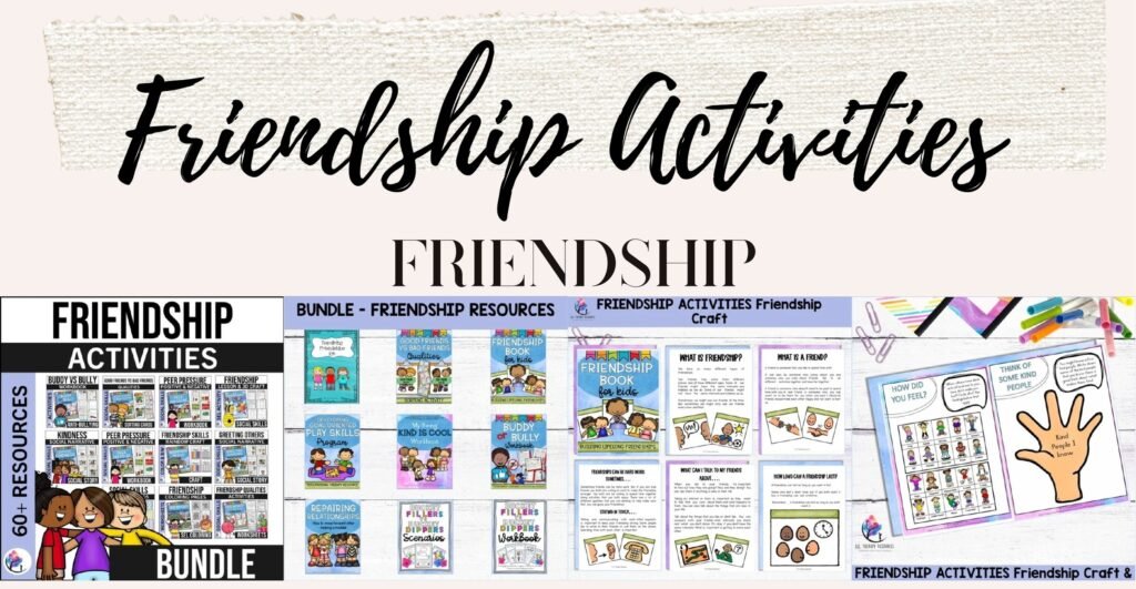 Friendship Activities Bundle cover and sample friendship crafts, social stories and worksheets