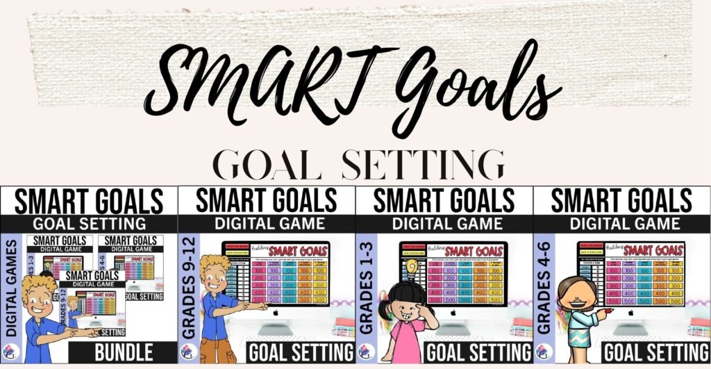 SMART Goals digital game bundle for Grades 1 to 12 cover and sample slides