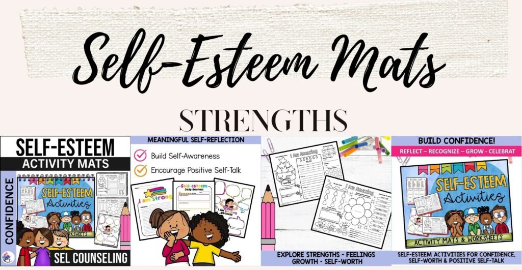Self-esteem activity mats and worksheets cover and sample pages