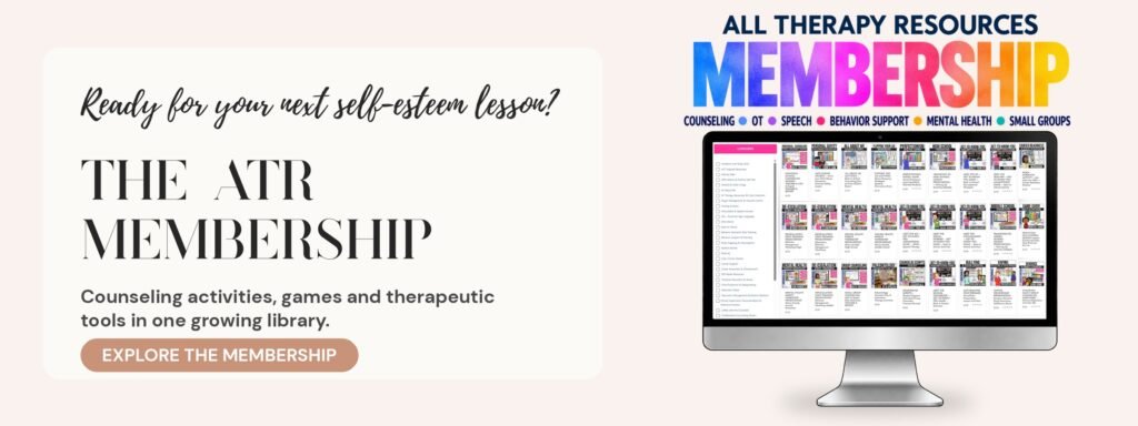 All Therapy Resources Membership: a computer screen showing a growing library of counseling activities, games and therapeutic tools