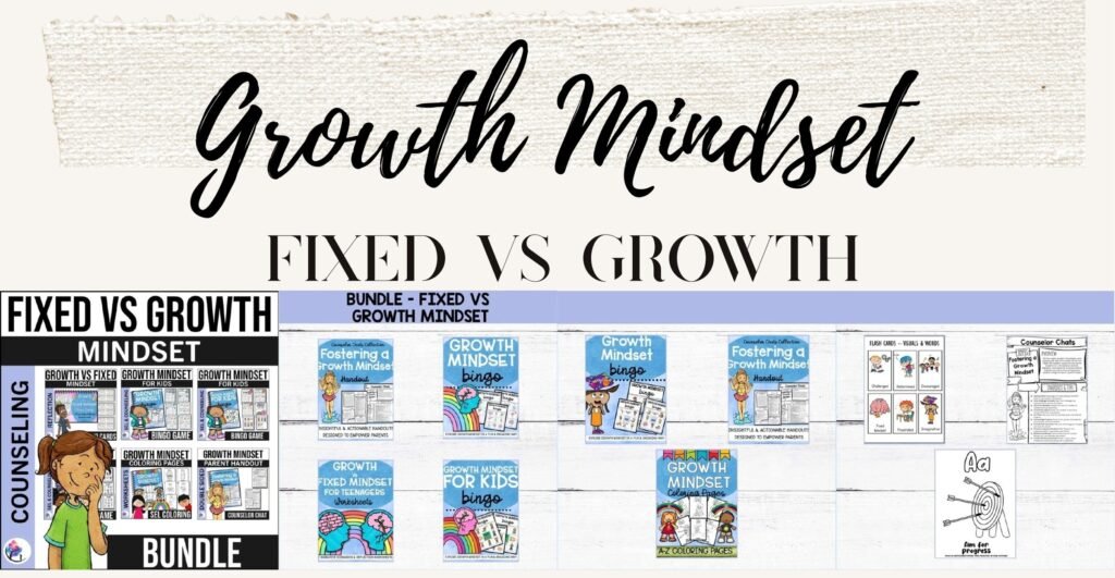 Fixed vs Growth Mindset counseling bundle cover and sample game cards and handouts