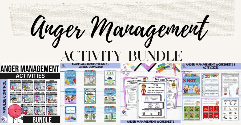 Anger Management Worksheets and Activities Bundle cover and sample worksheets, game and thermometer