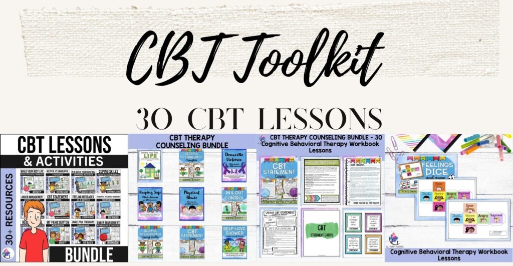 CBT Therapy Counseling Bundle cover and sample workbook pages on thoughts, feelings and behaviors