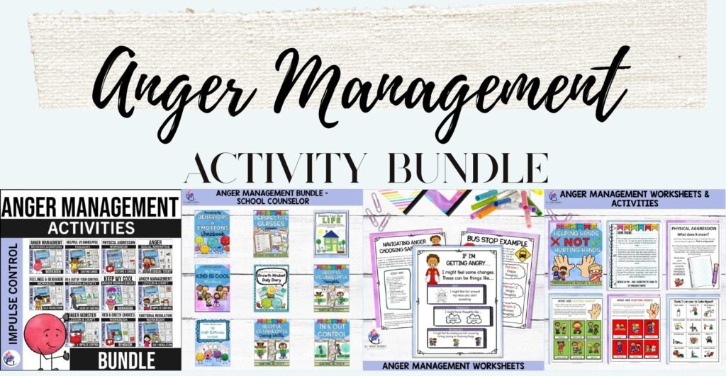 Anger Management Worksheets and Activities Bundle cover with sample thermometer, game and worksheet pages