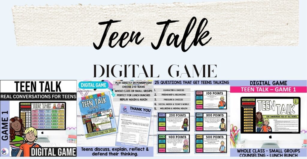 Teen Talk Game 1 digital discussion game cover and sample slides on friendships, peer pressure and social media
