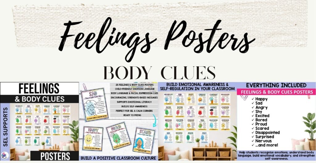 Feelings Chart Emotions Posters in pastel watercolor: cover and sample feelings and body clues posters