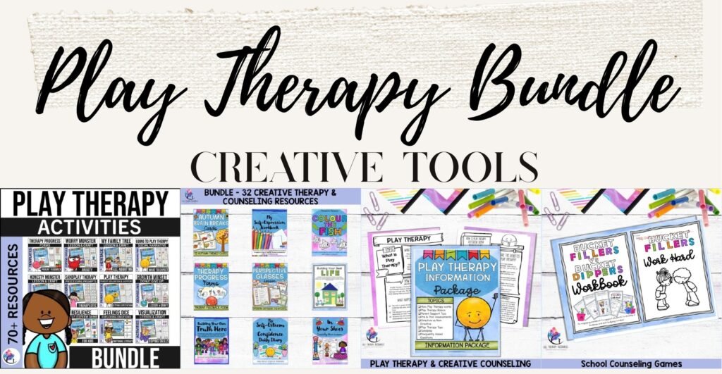 Play Therapy and Creative Counseling Activities Bundle cover with coloring pages, feelings dice and play dough mats