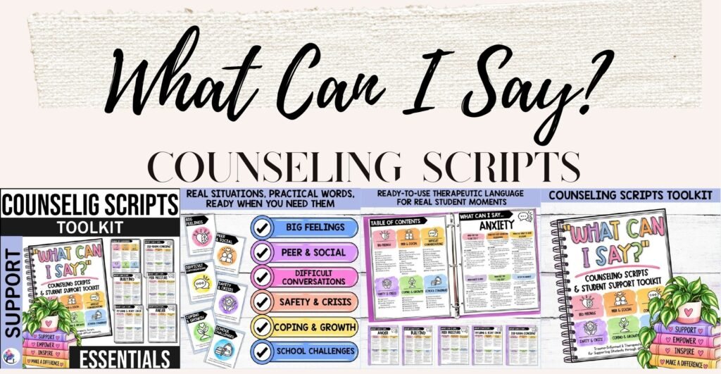 What Can I Say? Counseling Scripts Toolkit cover and sample trauma-informed script pages